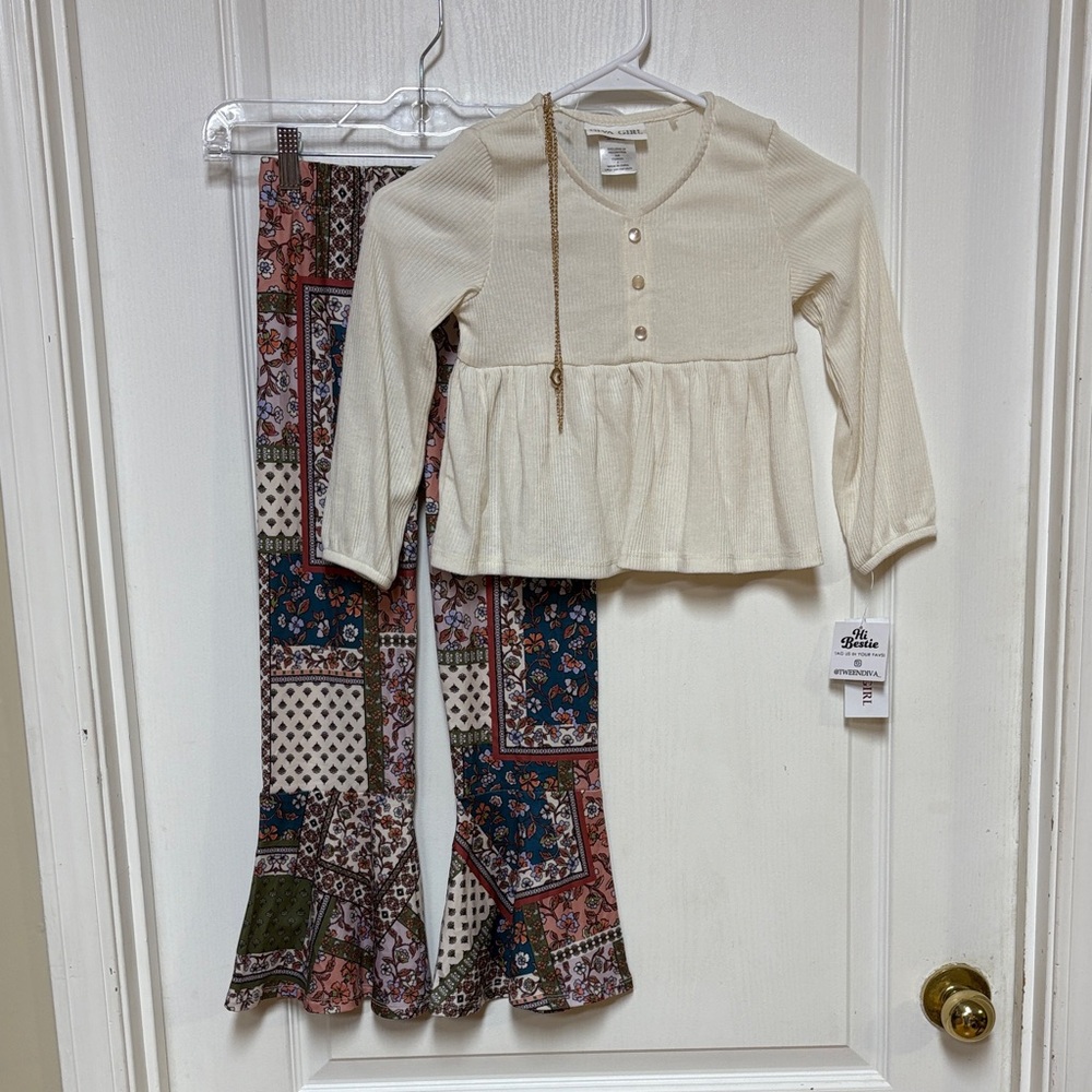 Cream Top and Patterned Pants Kids Matching Set